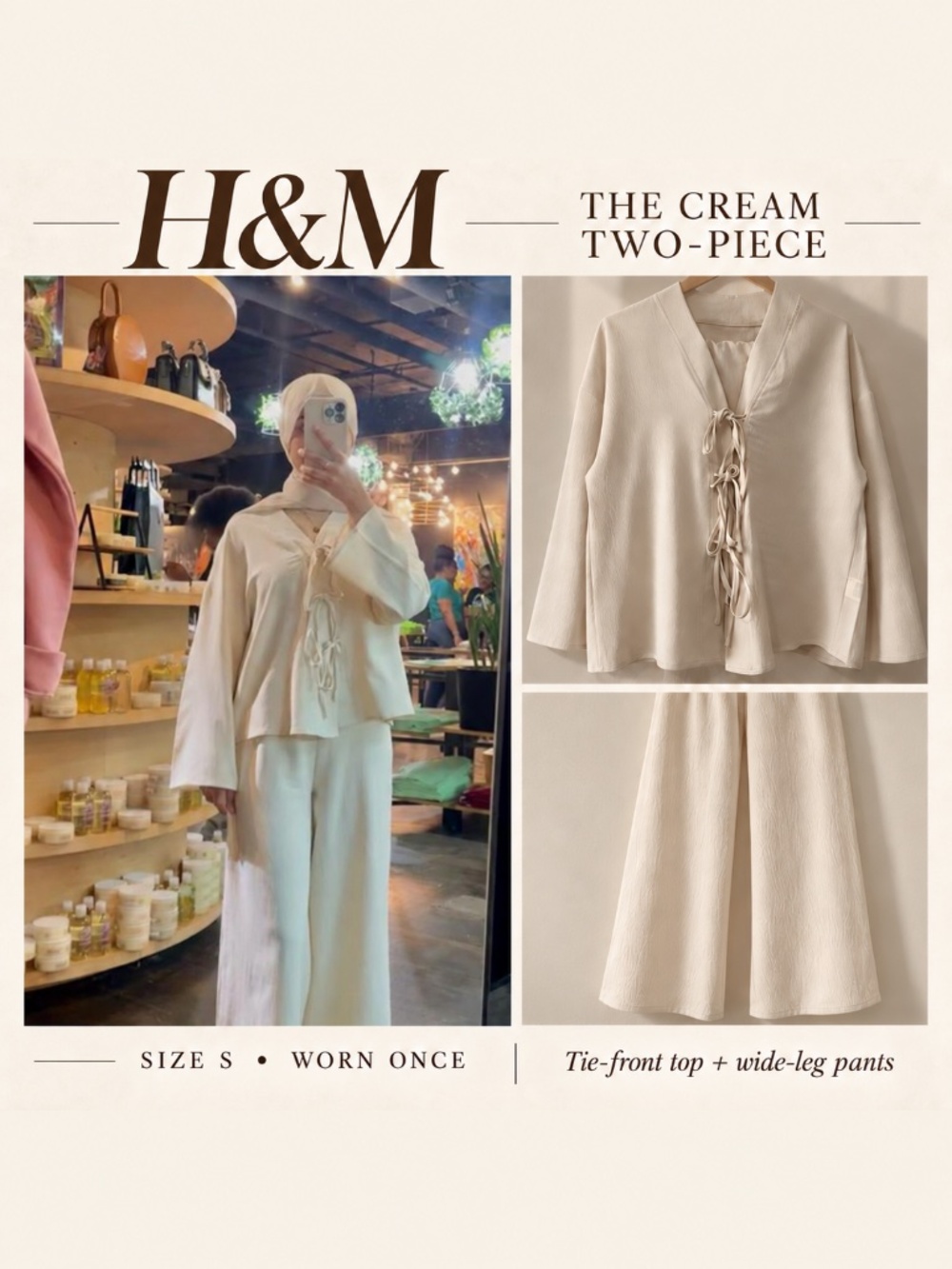 H&M Cream Tie-Front Top & Wide-Leg Pants Set